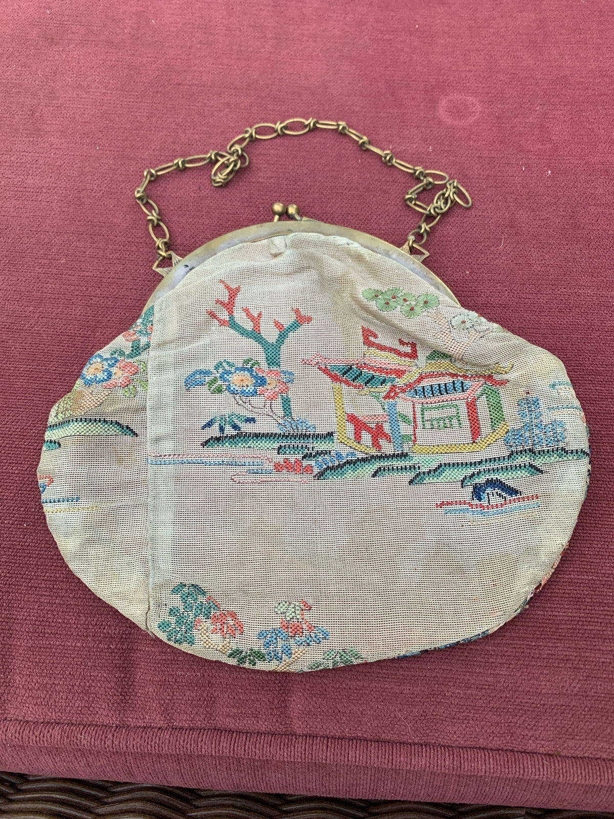 1920s Art Deco Petit Point Chinoiserie Handbagwith Ornate Metal Frame