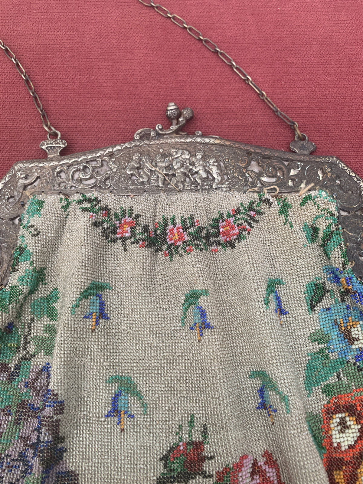 Antique Victorian Floral Micro Beaded Pursewith Ornate Metal Frame