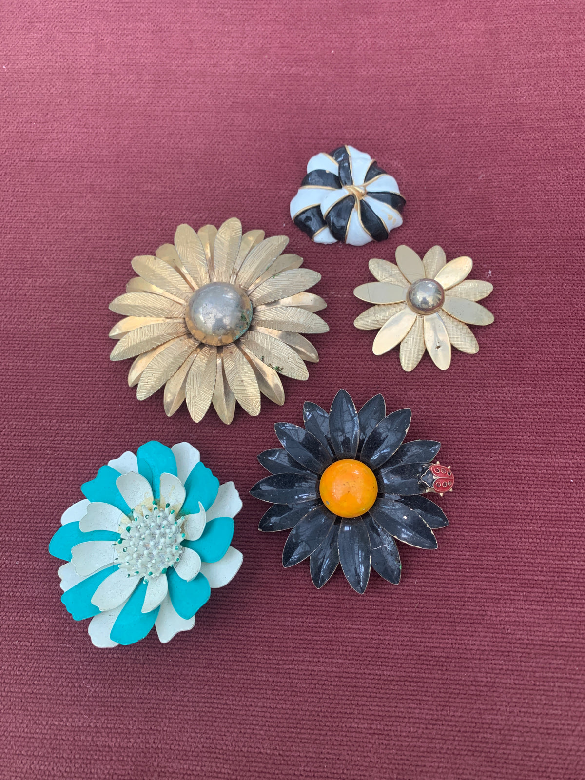 Collectionof Five Vintage1960s Enameland Metal Flower Brooches