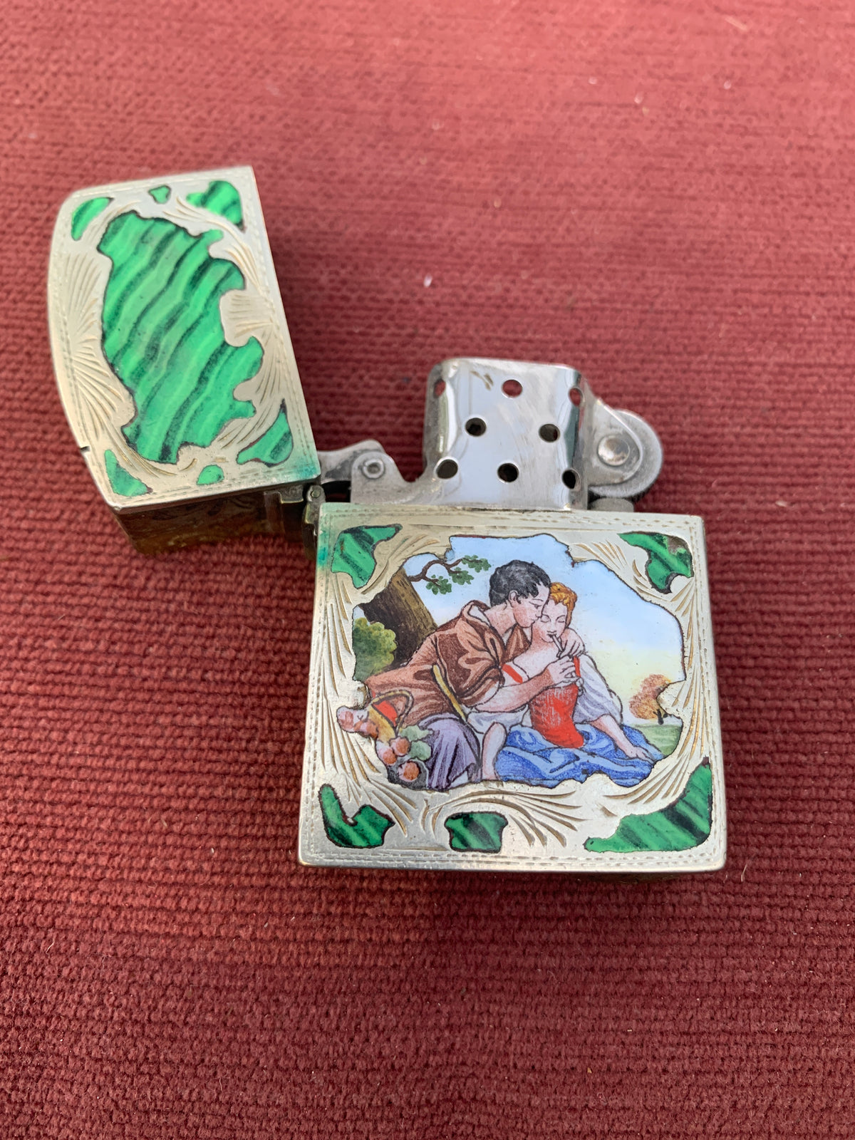 Vintage Italian800Silver Enamel Lighter Casewith Romantic Scene