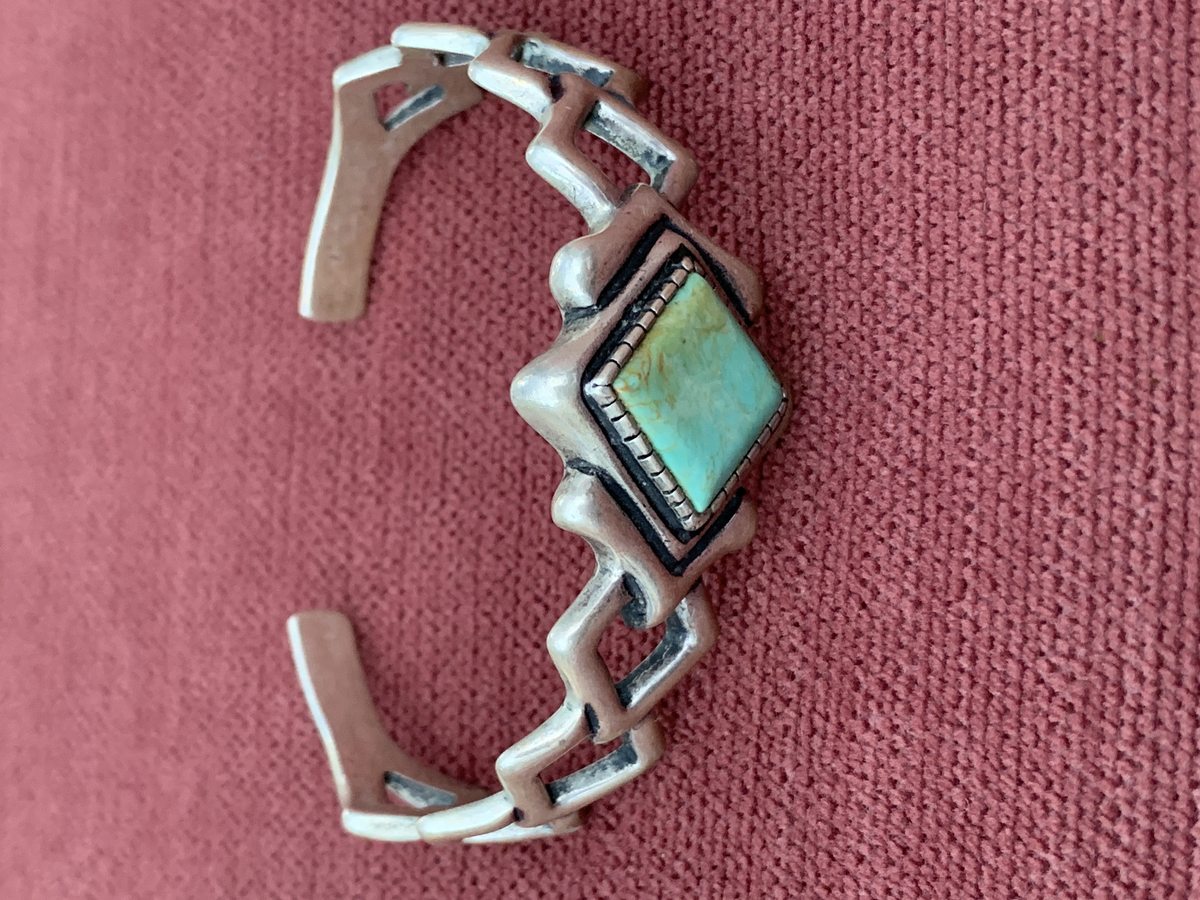 Vintage Sterling Silver Turquoise Cuff Braceletwith Geometricdesign