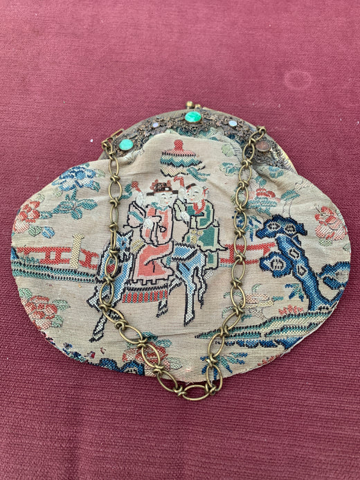 1920s Art Deco Petit Point Chinoiserie Handbagwith Ornate Metal Frame