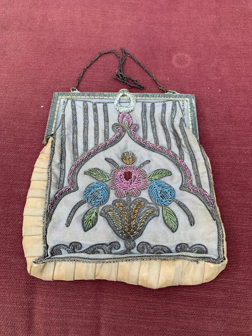 Antique French Art Nouveau Steel Micro Beaded Floral Reticule Purse