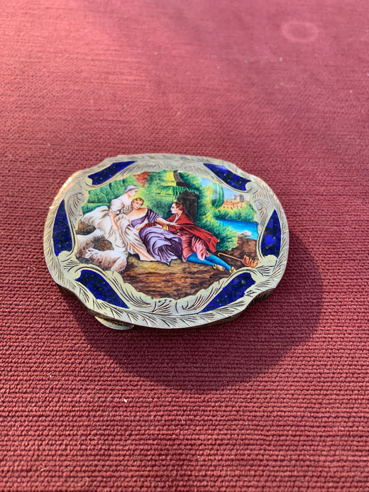 Antique Silver Scenic Guilloche Enamel Compact