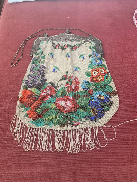 Antique Victorian Floral Micro Beaded Pursewith Ornate Metal Frame