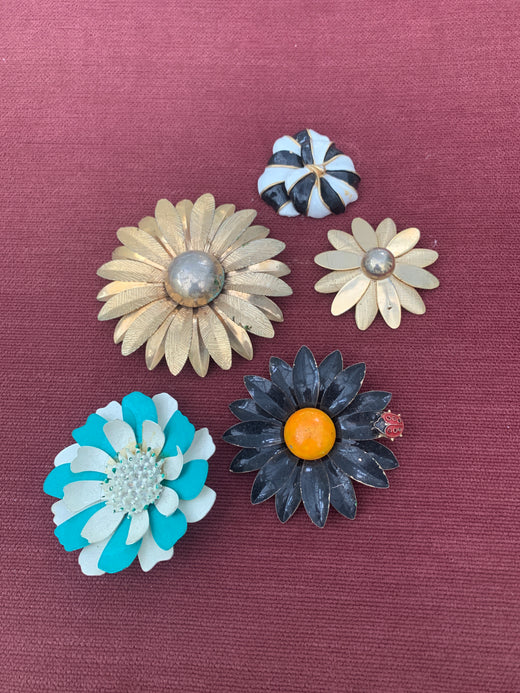 Collectionof Five Vintage1960s Enameland Metal Flower Brooches