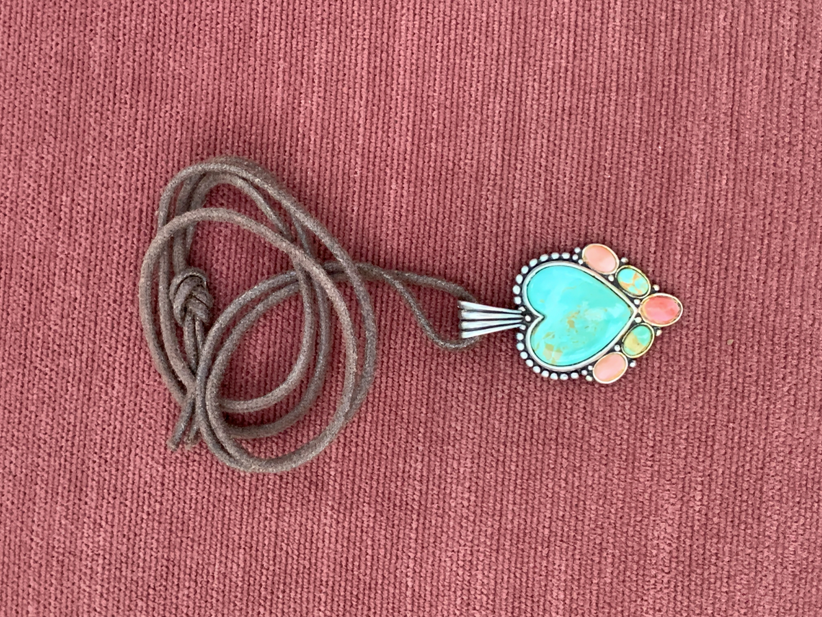 Heart Shaped Turquoiseand Coral Pendant Necklaceona Leather Cord
