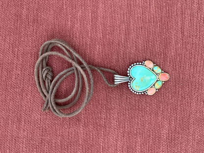 Heart Shaped Turquoiseand Coral Pendant Necklaceona Leather Cord