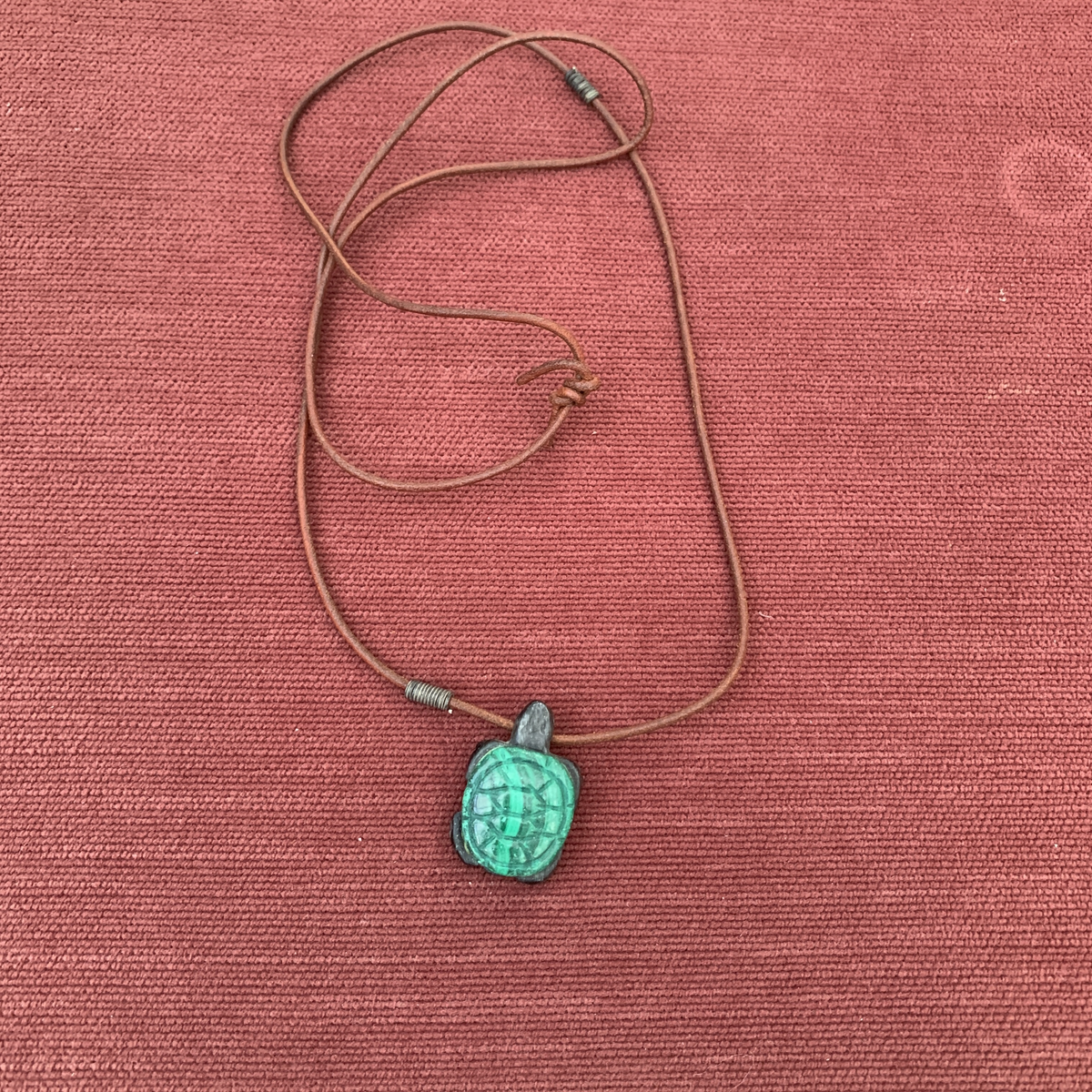 Leather Cord Necklacewith Carved Green Turtle Pendant