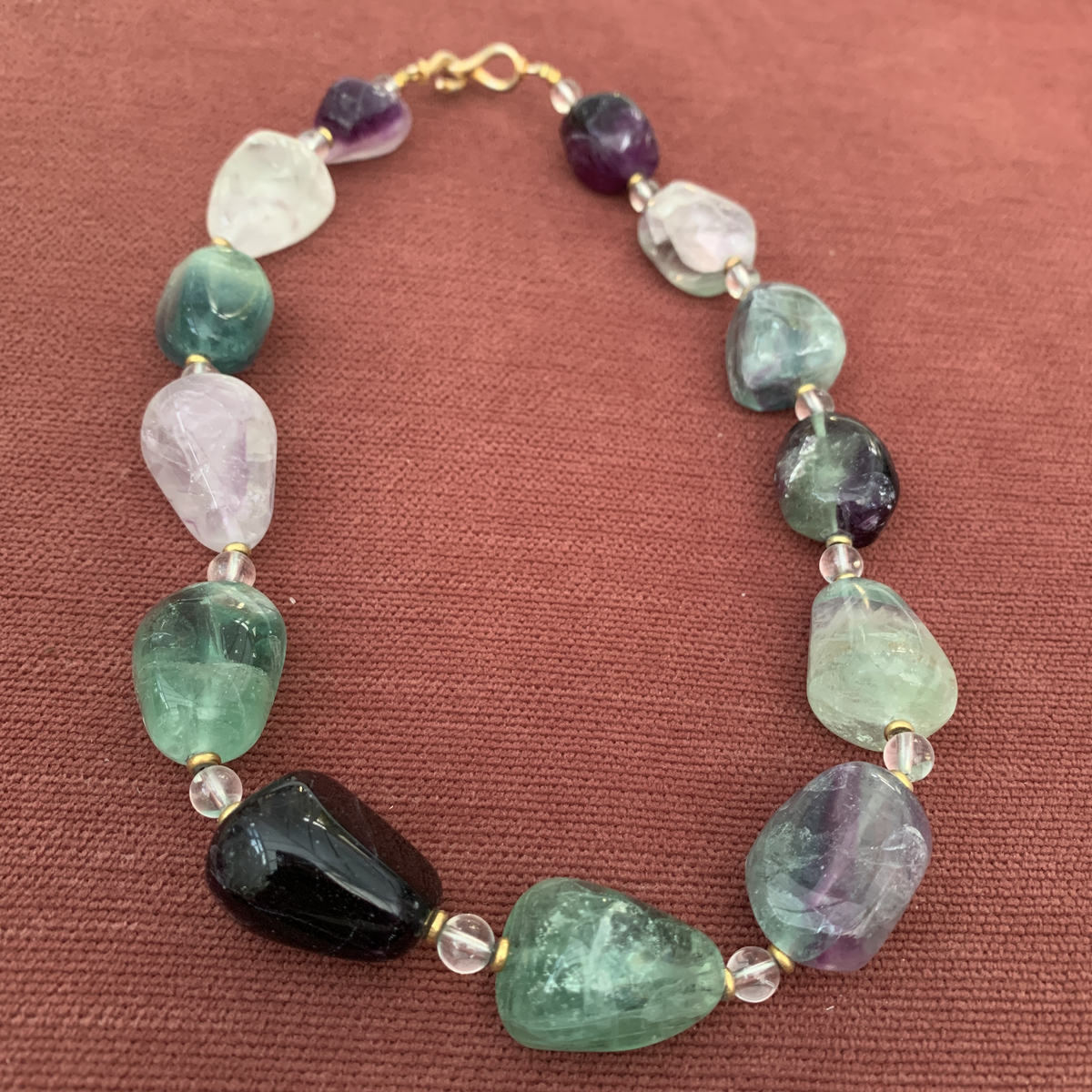 Multi Colored Tumbled Fluoriteand Obsidian Bead Necklace