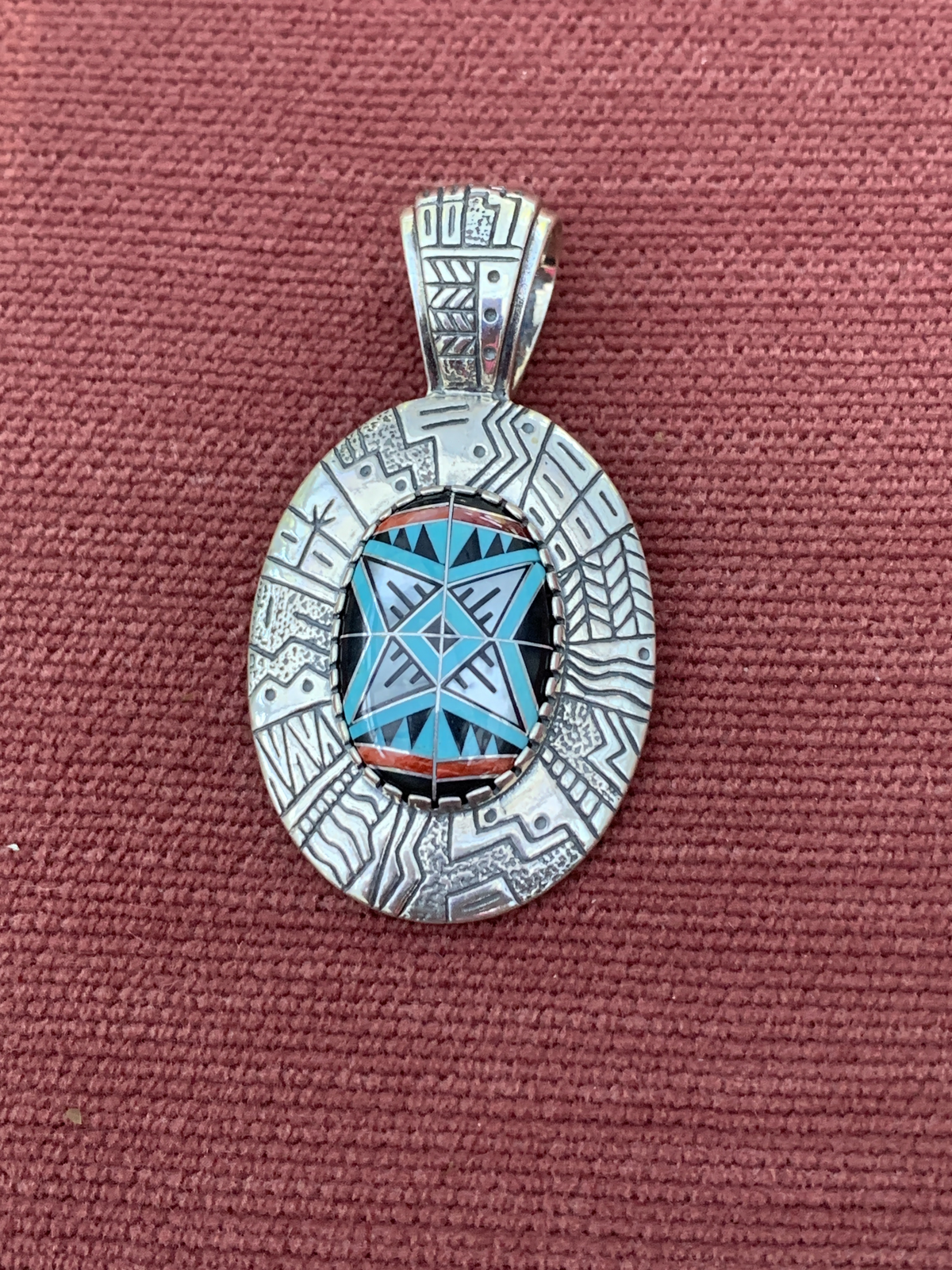 Native American Sterling Silver Pendantwith Multi Stone Inlay