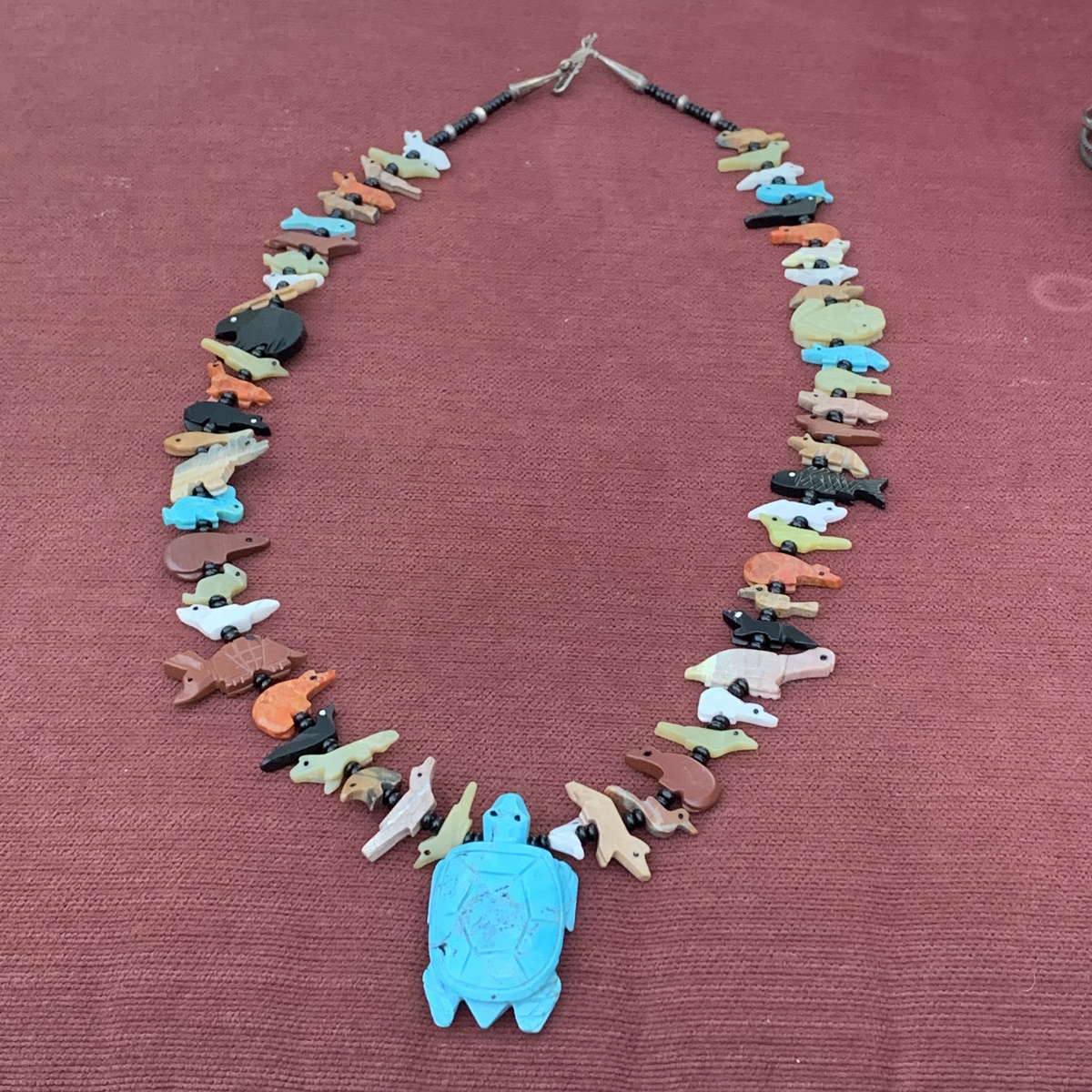 Native American Style Fetish Necklacewithcarvedanimalbeadsanda Turquoise Turtle Pendant