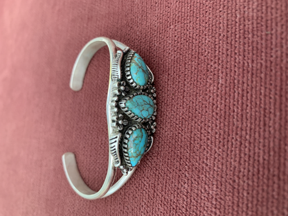 Navajo Sterling Silver Cuff Braceletwith Three Turquoise Stones