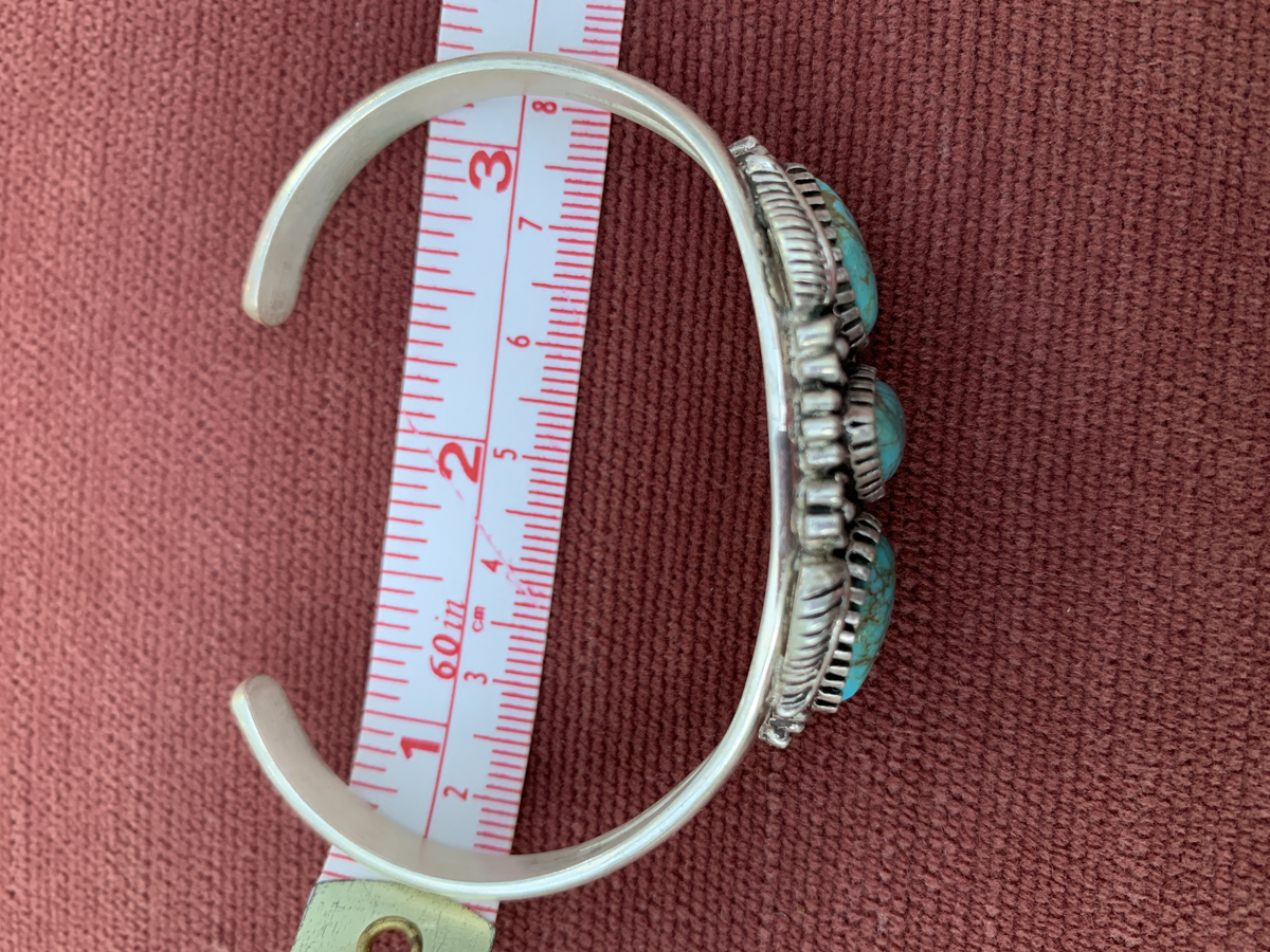 Navajo Sterling Silver Cuff Braceletwith Three Turquoise Stones