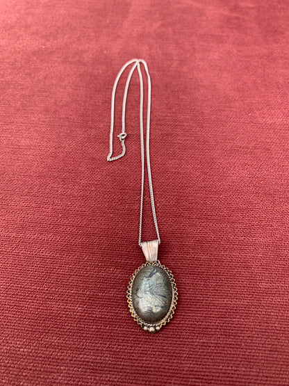 Oval Labradorite Cabochon Pendantwith Scalloped Streling Silver Setting