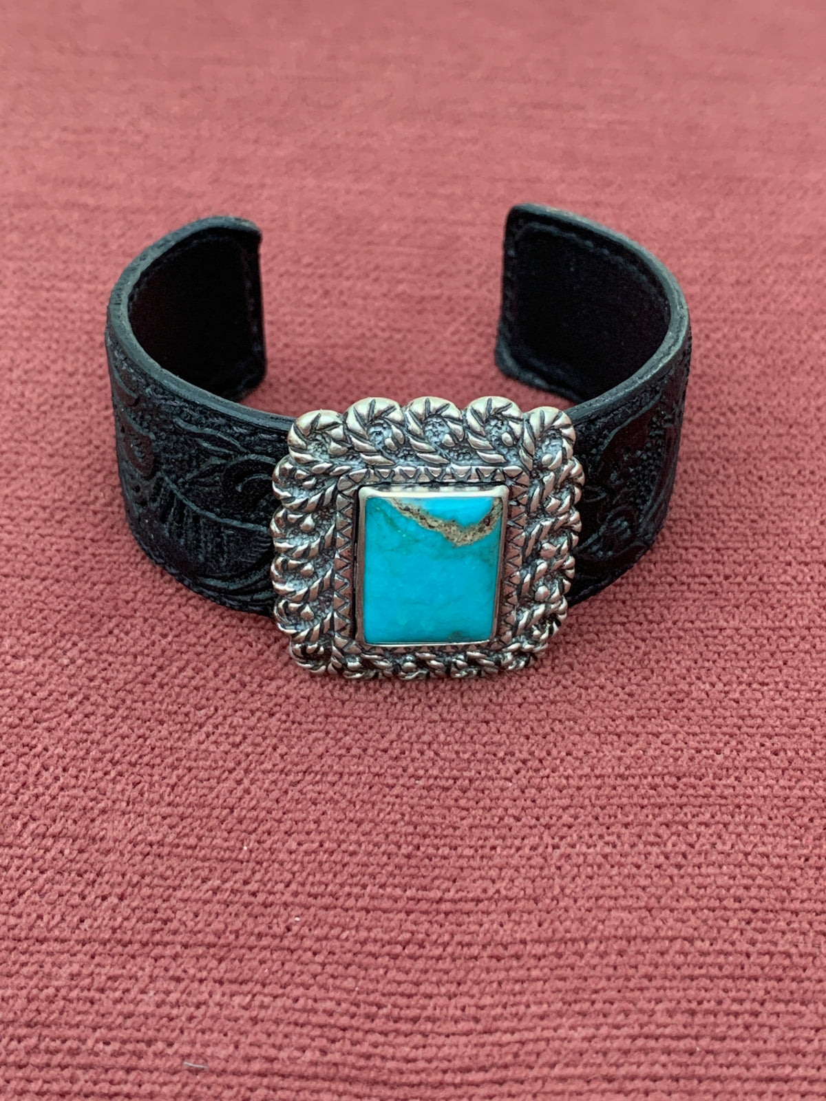 Relios Carolyn Pollack Sterling Silver Tooled Leather Turquoise Cuff