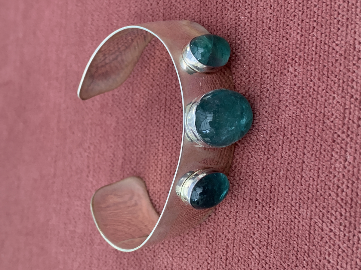 Sterling Silver Cuff Braceletwith Three Oval Cabochon Blue Stones