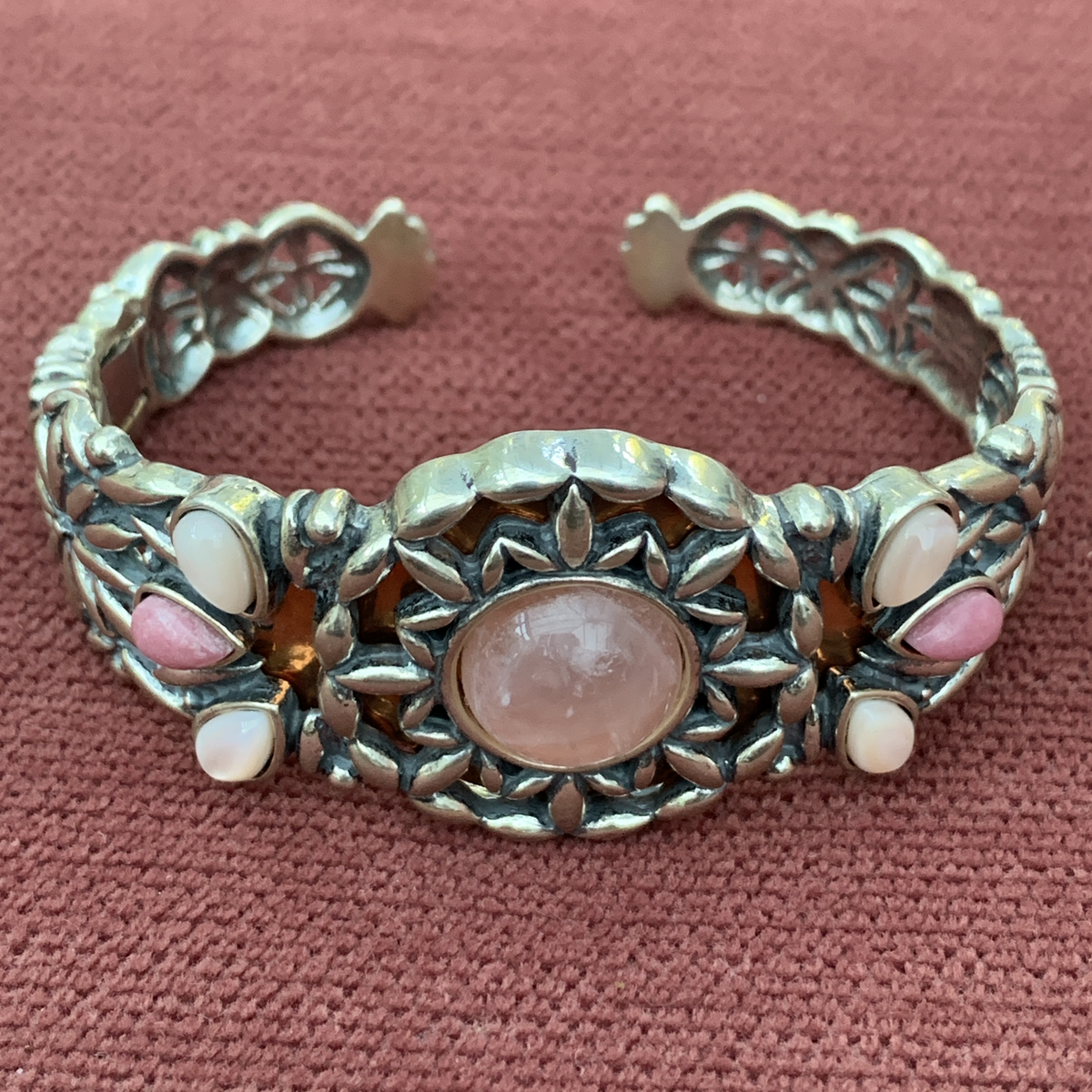 Sterling Silver Rose Quartz Cuff Braceletwith Motherof Pearl Accents