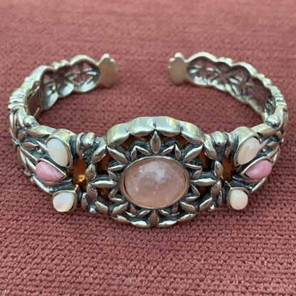 Sterling Silver Rose Quartz Cuff Braceletwith Motherof Pearl Accents