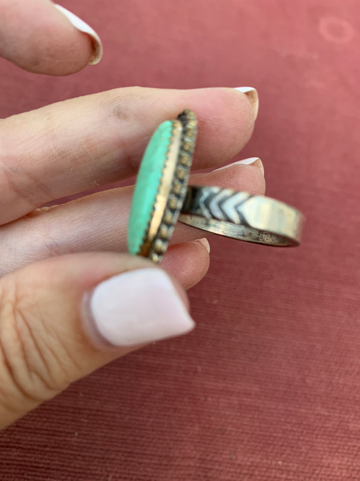 Vintage Southwest Sterling Silver Oblong Green Turquoise Ring
