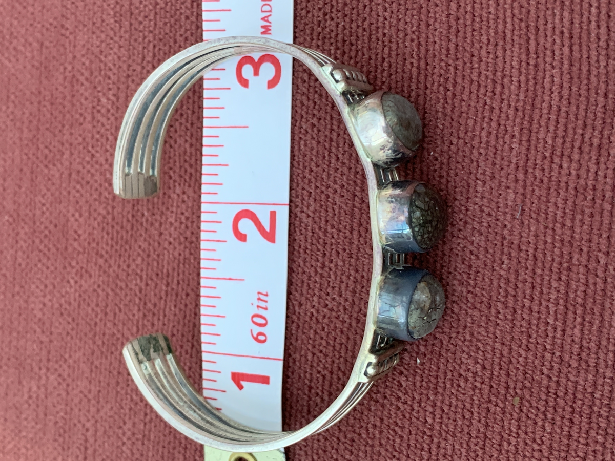 Vintage Sterling Silver Cuff Braceletwith Three Oval Moss Agate Gemstones
