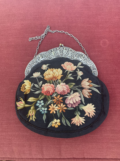 Vintage Black Floral Petit Point Pursewith Ornate Metal Frame