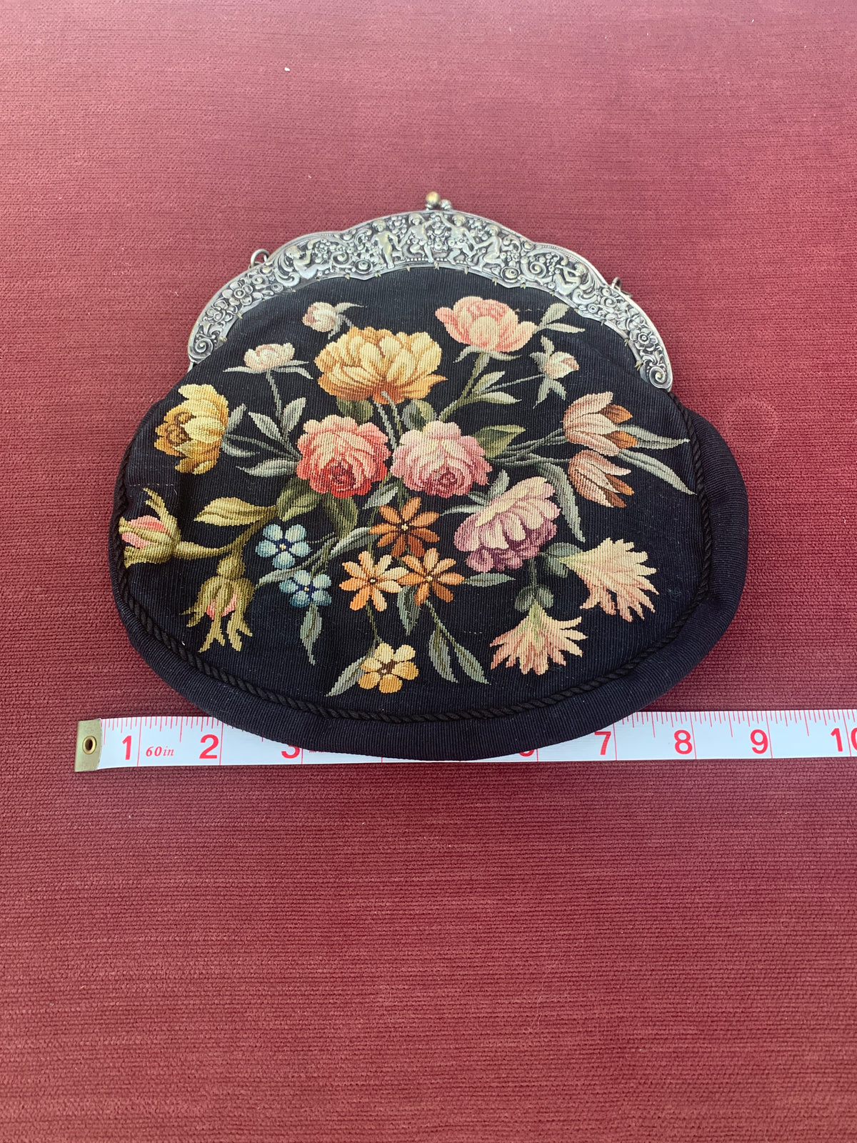 Vintage Black Floral Petit Point Pursewith Ornate Metal Frame