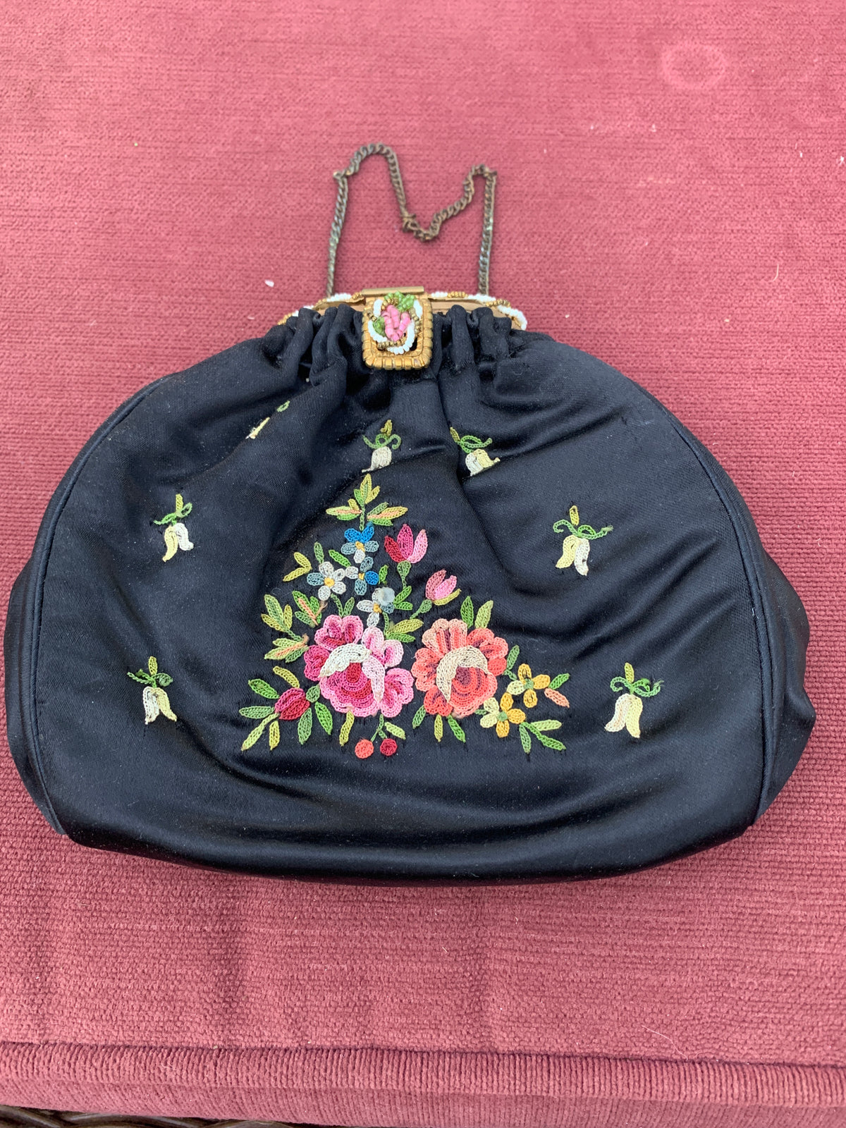 Vintage Black Silk Evening Bagwith Floral Embroideryand Ornate Clasp