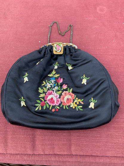 Vintage Black Silk Evening Bagwith Floral Embroideryand Ornate Clasp