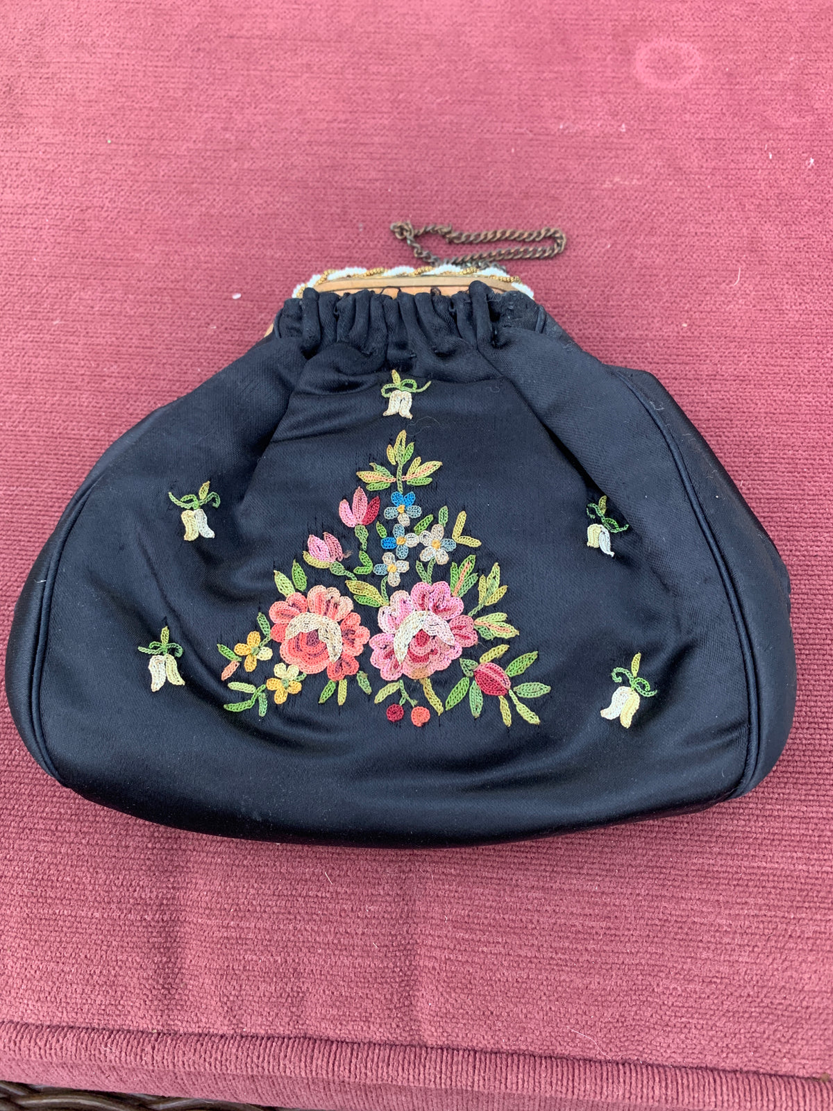 Vintage Black Silk Evening Bagwith Floral Embroideryand Ornate Clasp