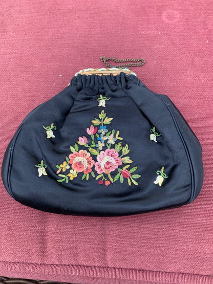 Vintage Black Silk Evening Bagwith Floral Embroideryand Ornate Clasp