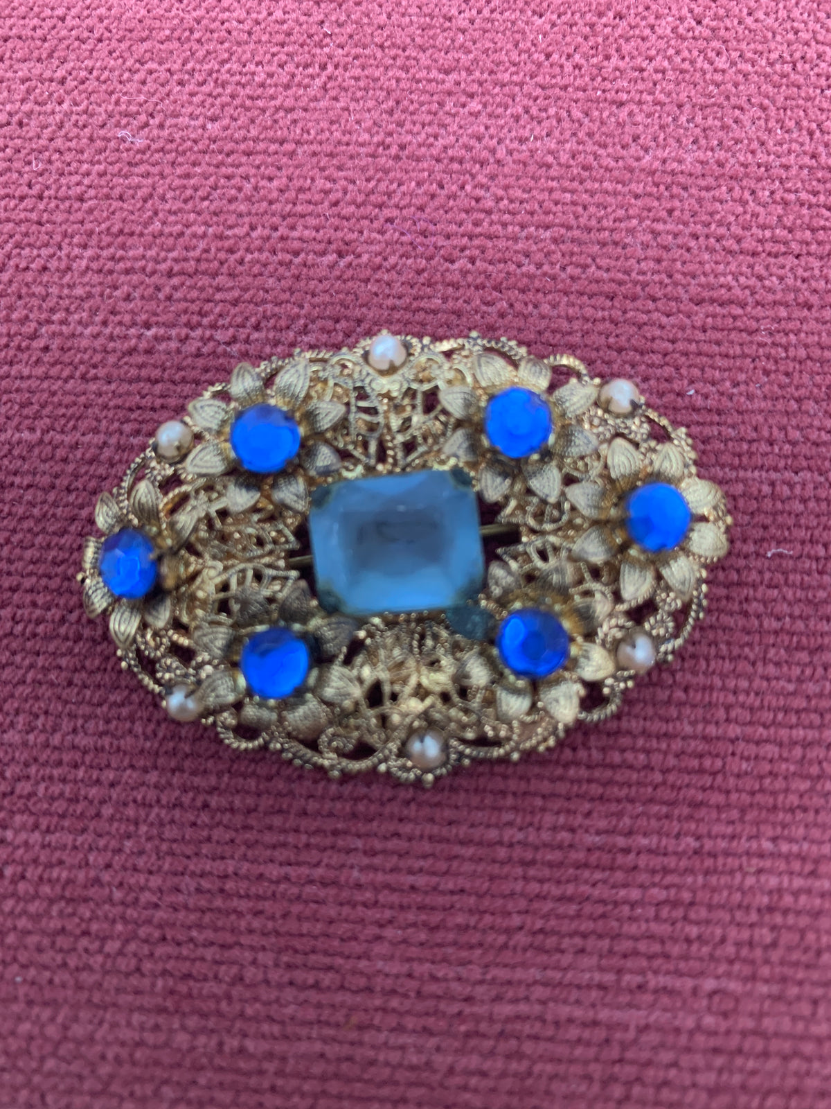 Vintage Filigree Broochwith Blue Czech Glass Stones