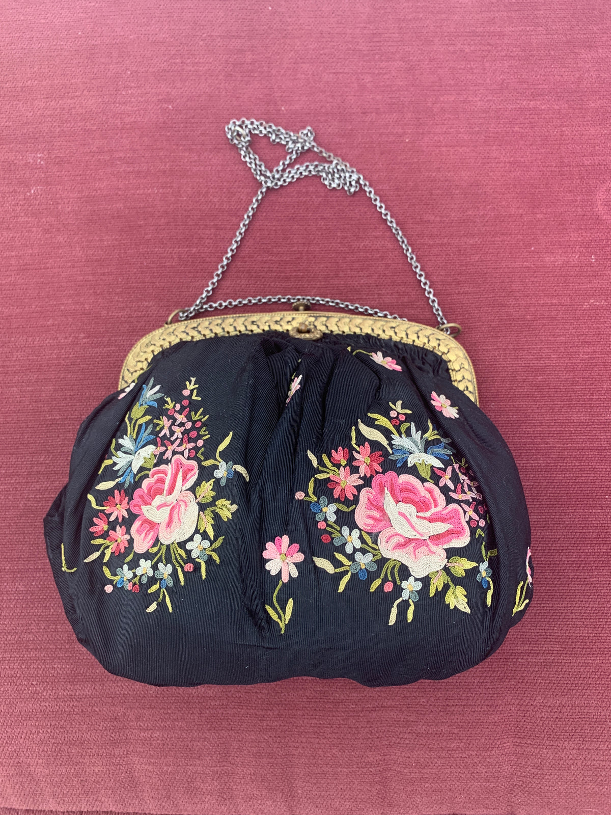 Vintage French Black Satin Handbagwith Floral Embroidery