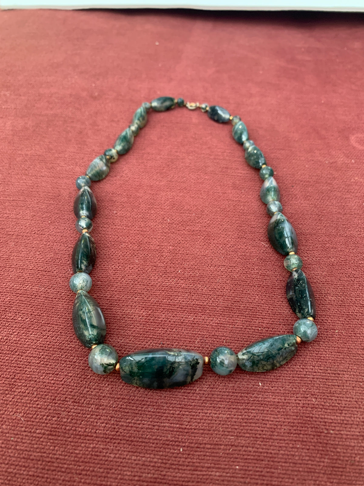 Vintage Green Moss Agate Beaded Necklacewith Tapered Beads