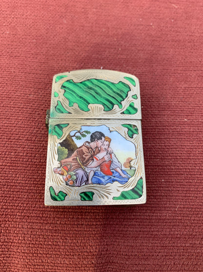 Vintage Italian800Silver Enamel Lighter Casewith Romantic Scene