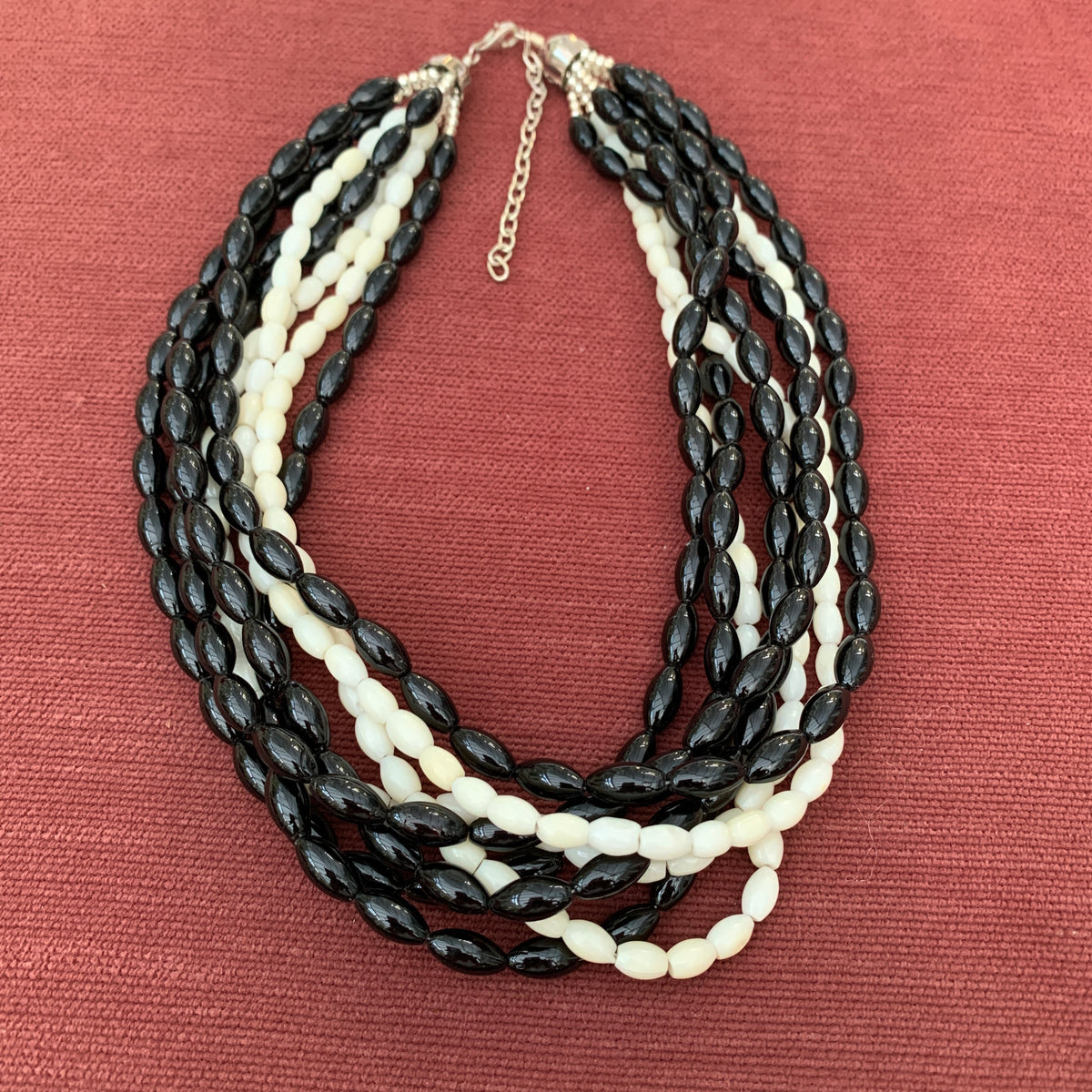 Vintage Multi Strand Blackand White Oval Bead Necklace