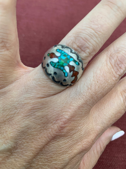 Vintage Navajo Sterling Silver Peyote Bird Chip Inlay Ringsz7.