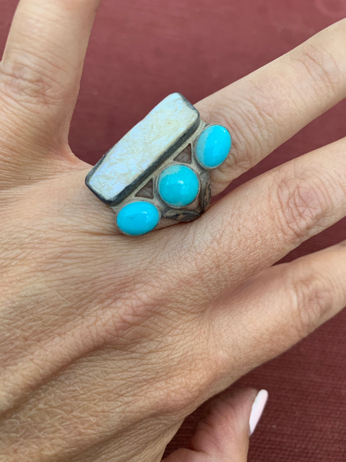 Vintage Navajo Sterling Silver Ringwith Turquoiseand Motherof Pearl