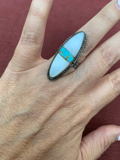 Vintage Navajo Sterling Silver Turquoiseand Motherof Pearl Inlay Ring