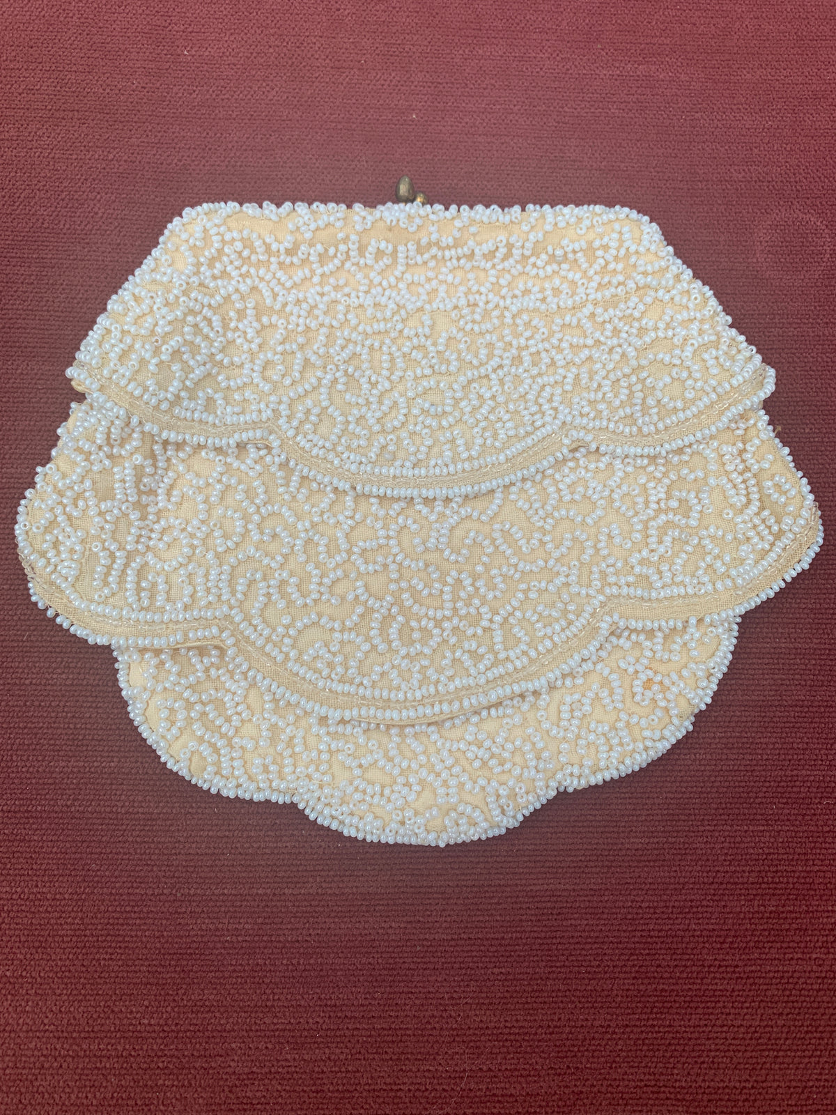Vintage Scallop Edged Cream Silk Micro Beaded Evening Clutch Purse