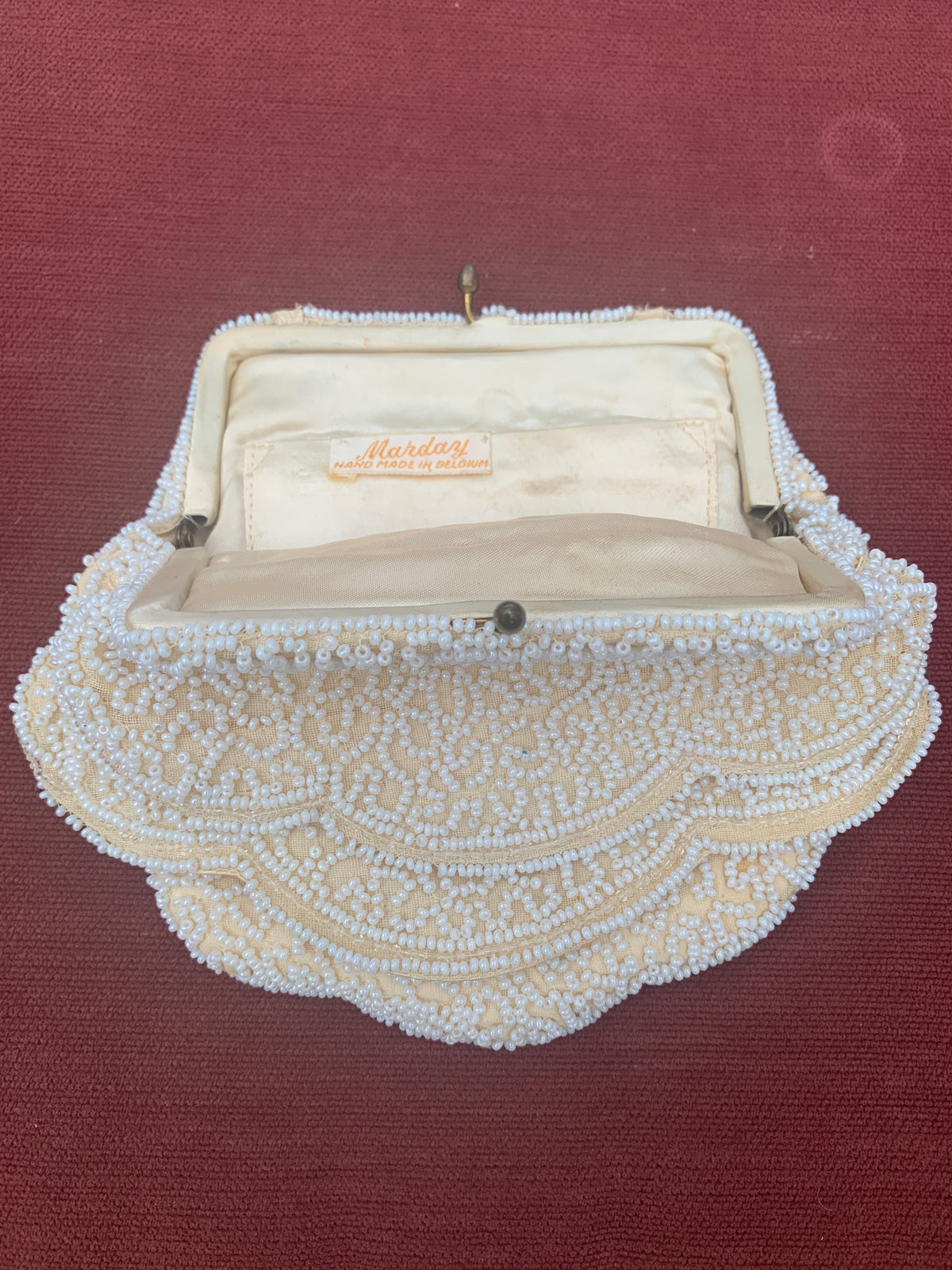 Vintage Scallop Edged Cream Silk Micro Beaded Evening Clutch Purse