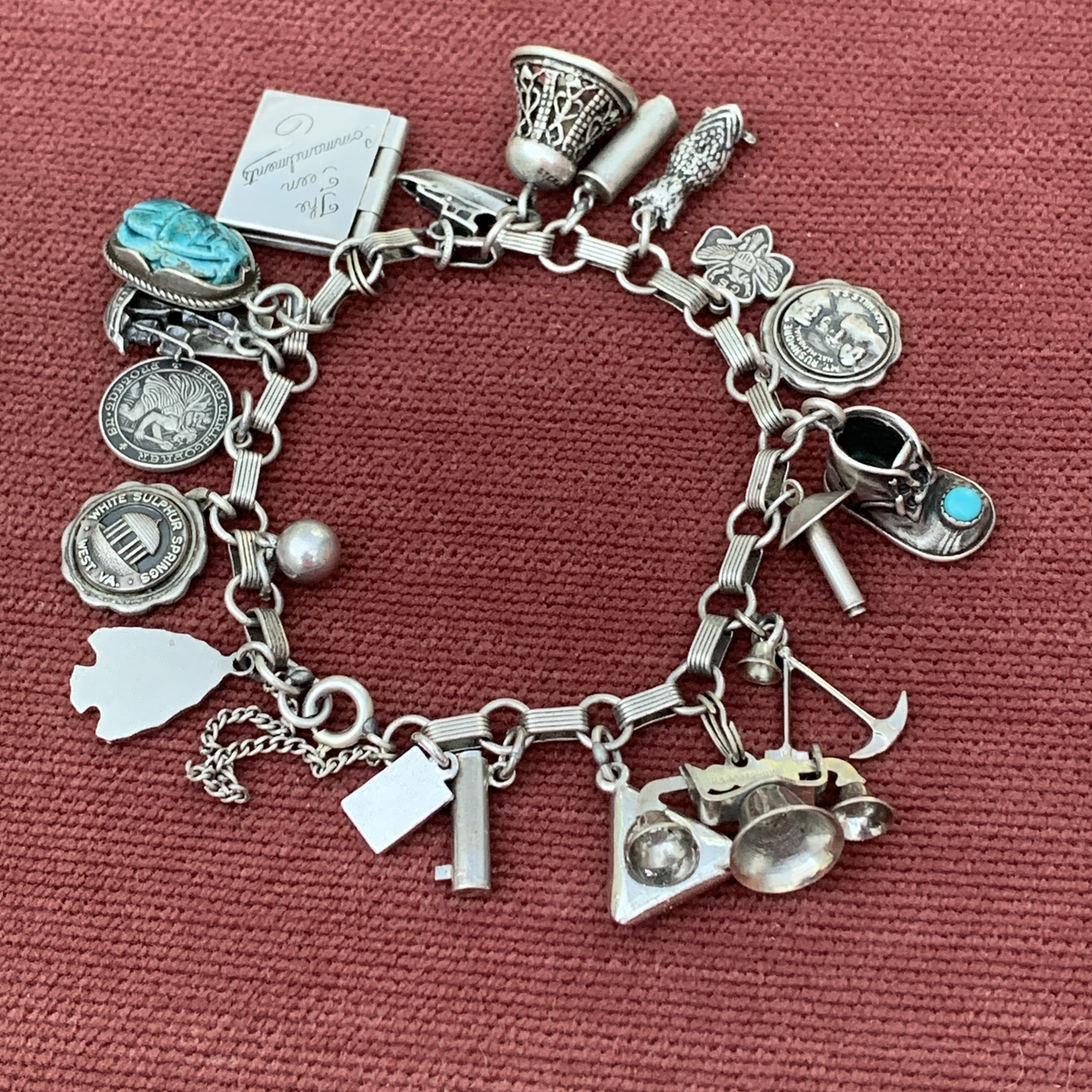Vintage Sterling Charm Braceletwith Turquoiseand Various Charms