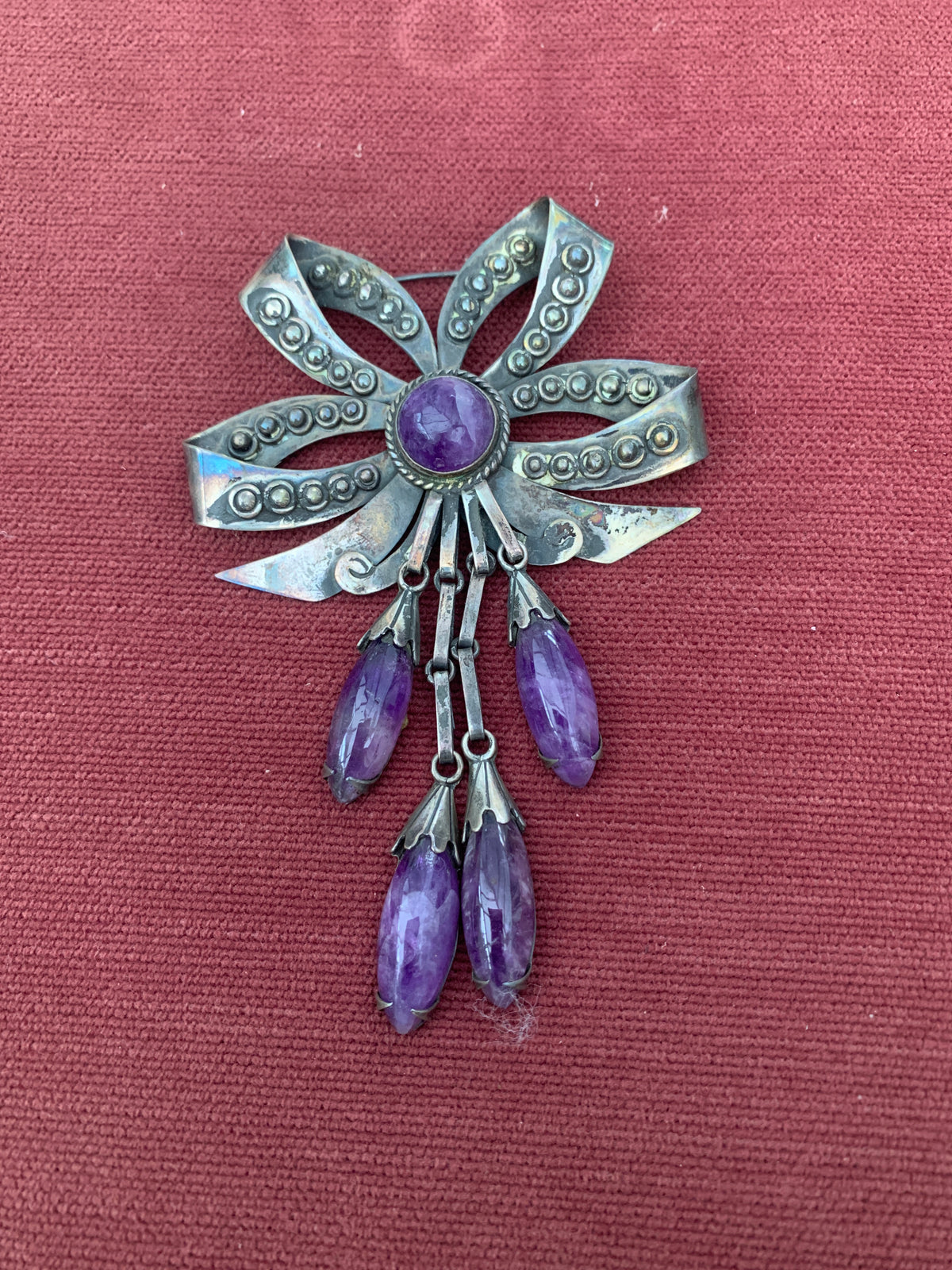 Vintage Taxco Sterling Silver Amethyst Bow Brooch with Dangle Charms